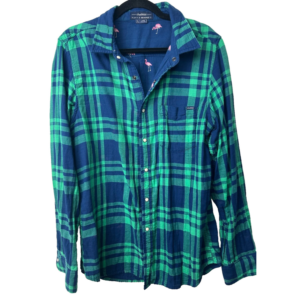 Chubbies Shirt Men L Green Blue Buttn Reversible Flip It Reverse It Flamingo D39